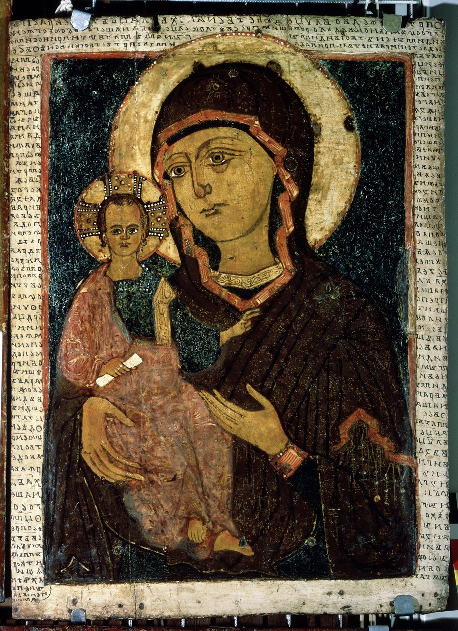 ""Jomfru Hodegetria (Hodigitria)"" Jomfru Maria og Jesusbarnet hvis glorie er merket med et kors. Russisk ikon. Maleri på tre fra slutten av 1200-tallet. Statens Tretyakov-galleri, Moskva av School Russian