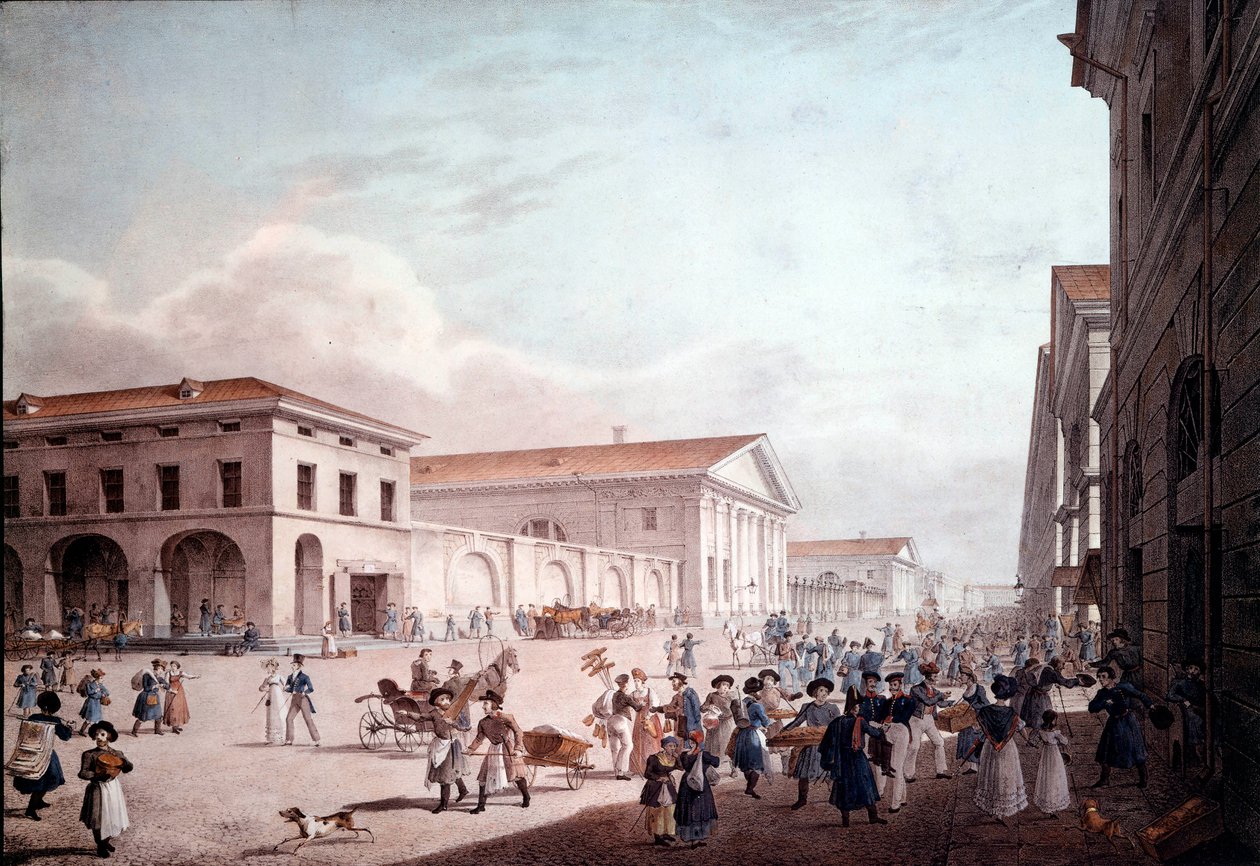 Utsikt over St. Petersburg, Sodovaia Street i 1820. Anonymt maleri av School Russian
