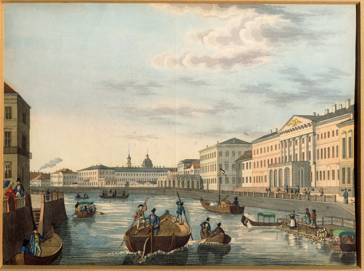 Utsikt over Fontanka-elven i St. Petersburg. Anonymt verk, Litografi, fargelagt i akvarell, ca 1820. Russisk kunst av School Russian