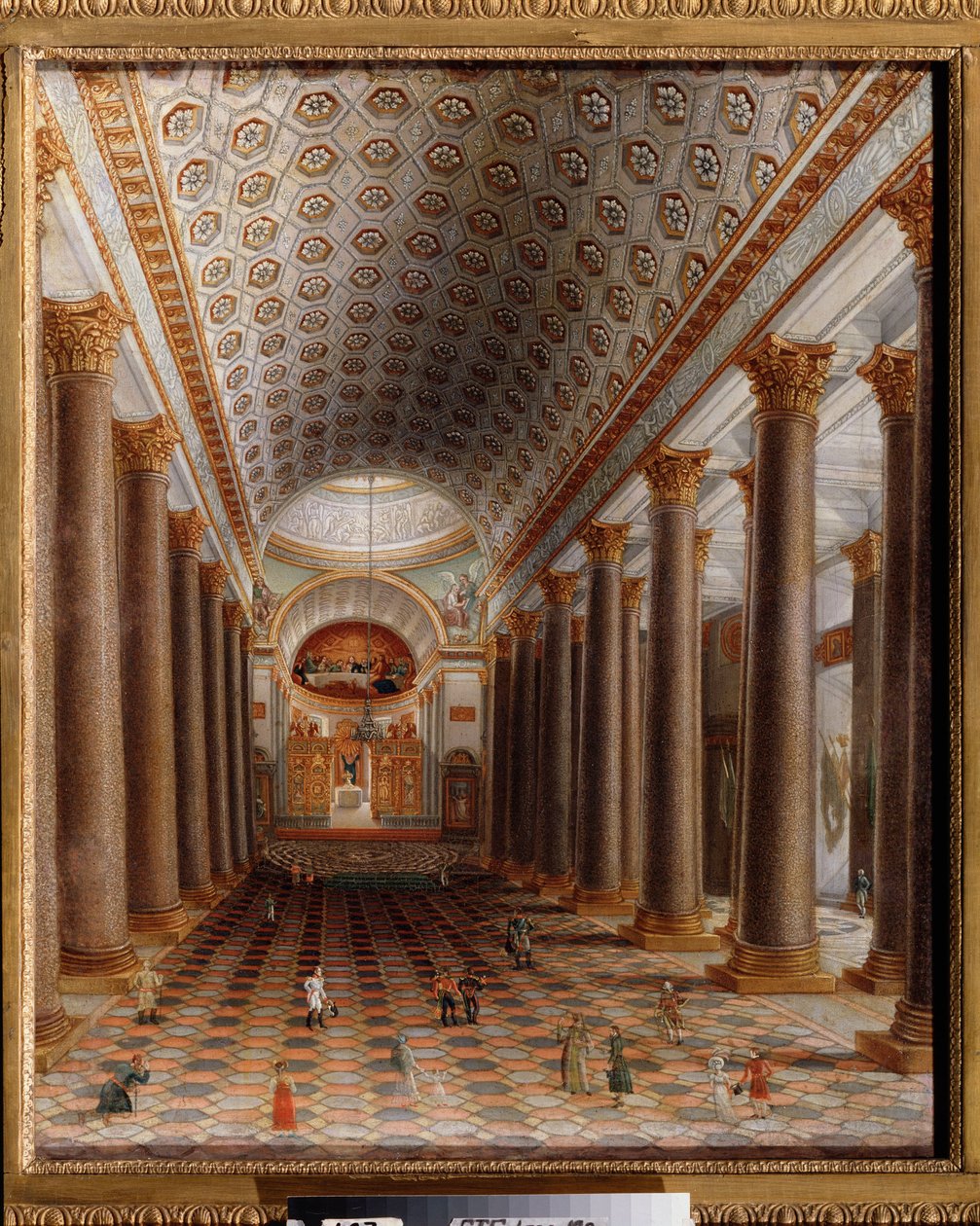 Innvendig utsikt over Kazan-katedralen i St. Petersburg. Maleri av en russisk mester, olje på lerret, tidlig 1800-tall. russisk kunst. Statens Tretyakov-galleri, Moskva. av School Russian