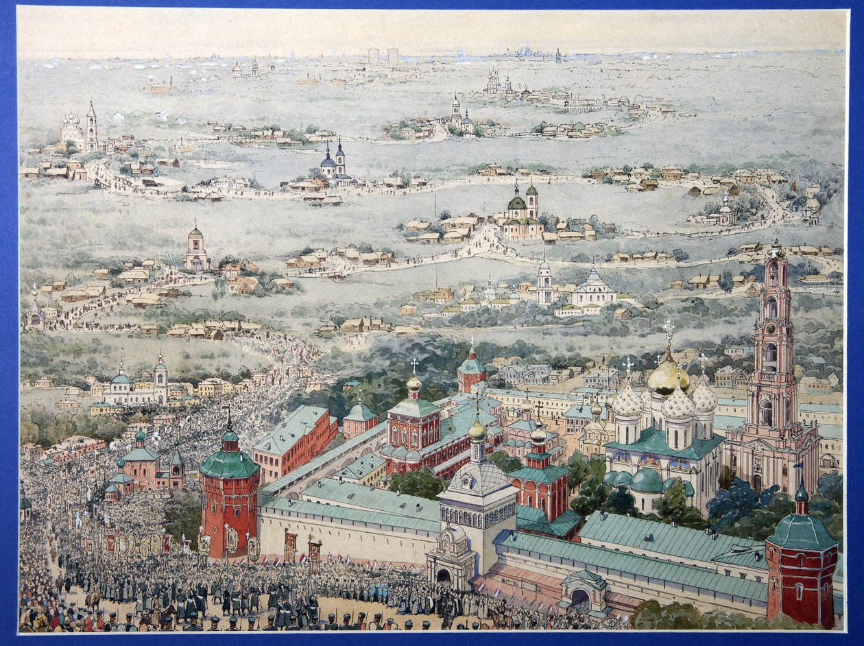 Utsikt over klosteret til treenigheten Lavra av Saint Sergius (Trinite-Saint-Serge) i Sergiev Posad med påskeprosesjonen fra Moskva. (Utsikt over Treenigheten Lavra av Sergius i Sergiyev Posad med påskeprosesjonen fra Moskva). Arbeidet til en mester r av School Russian