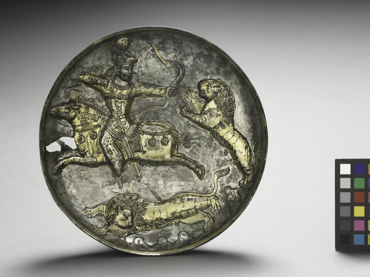 Rett: King Hormizd II eller Hormizd III jaktløver, 400-600 (forgylt sølv) av School Sasanian