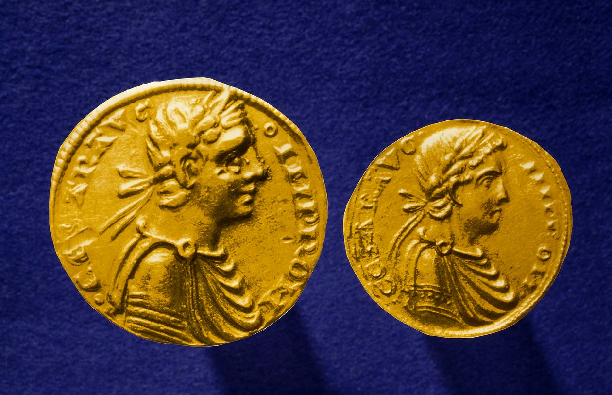 Gullmynter fra Sicilia med avbildet av Frederic II av Hohenstaufen (1194-1250), tysk keiser. 1231 Privat samling av School Sicilian