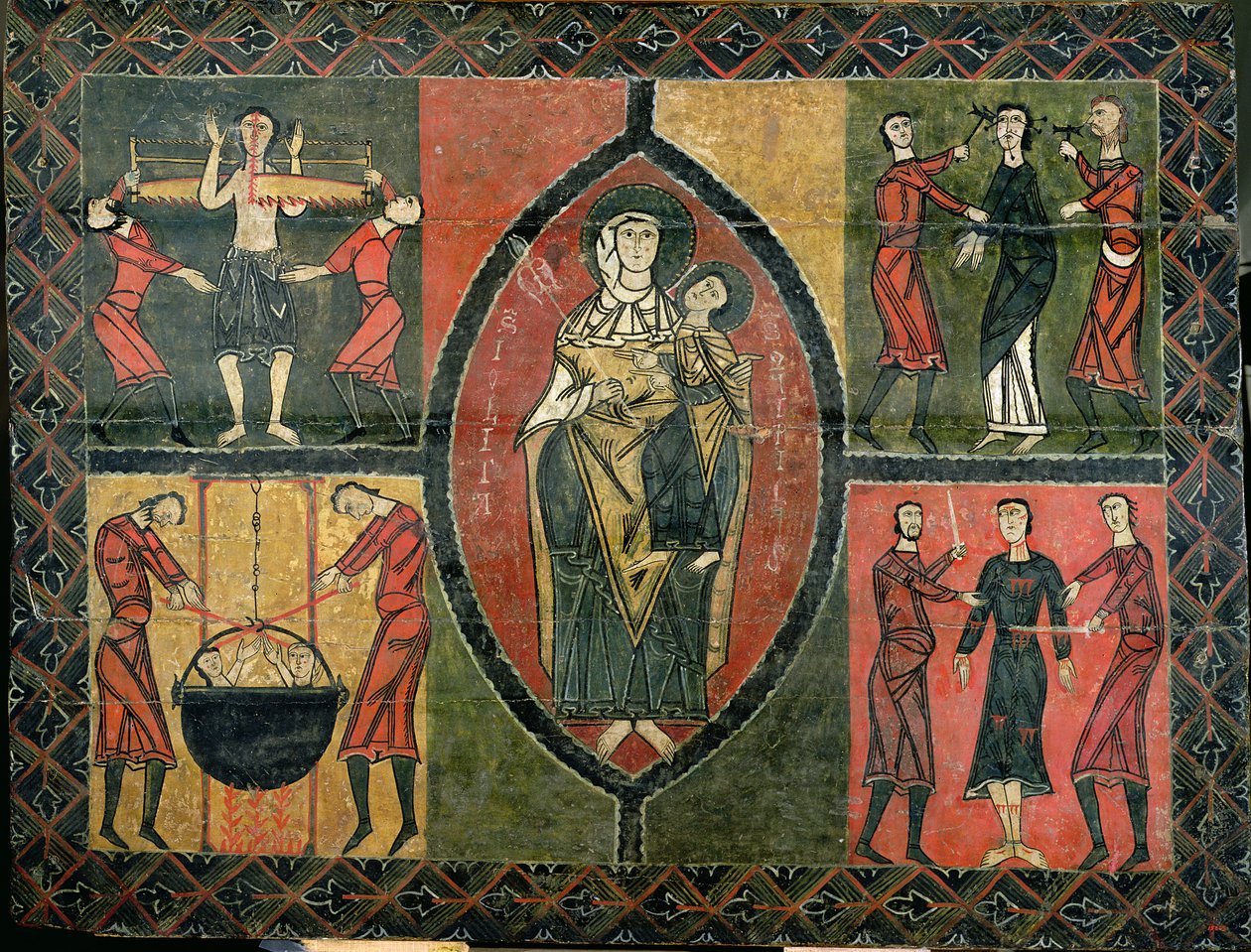 Alter som viser St. Quirze og St. Julita med fire tilhørende scener av helgenenes martyrium, Sant Quirze i Santa Julita-kirken, Durro (tempera på panel) av School Spanish