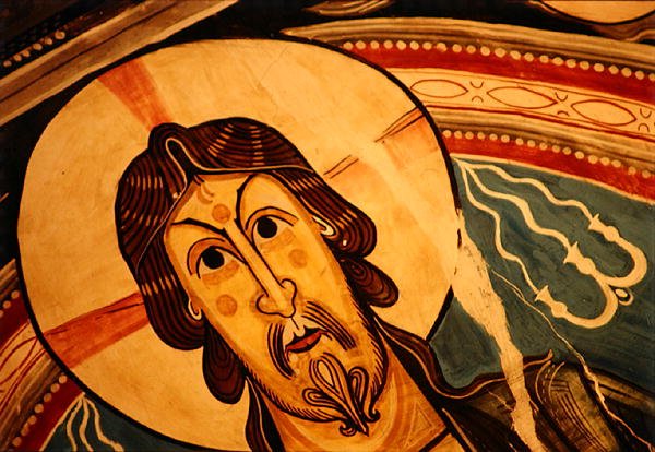 Kristus i Majestet flankert av serafer og symboler fra evangelistene, kopi av original (fresco) fra 1100-tallet (detalj) av School Spanish