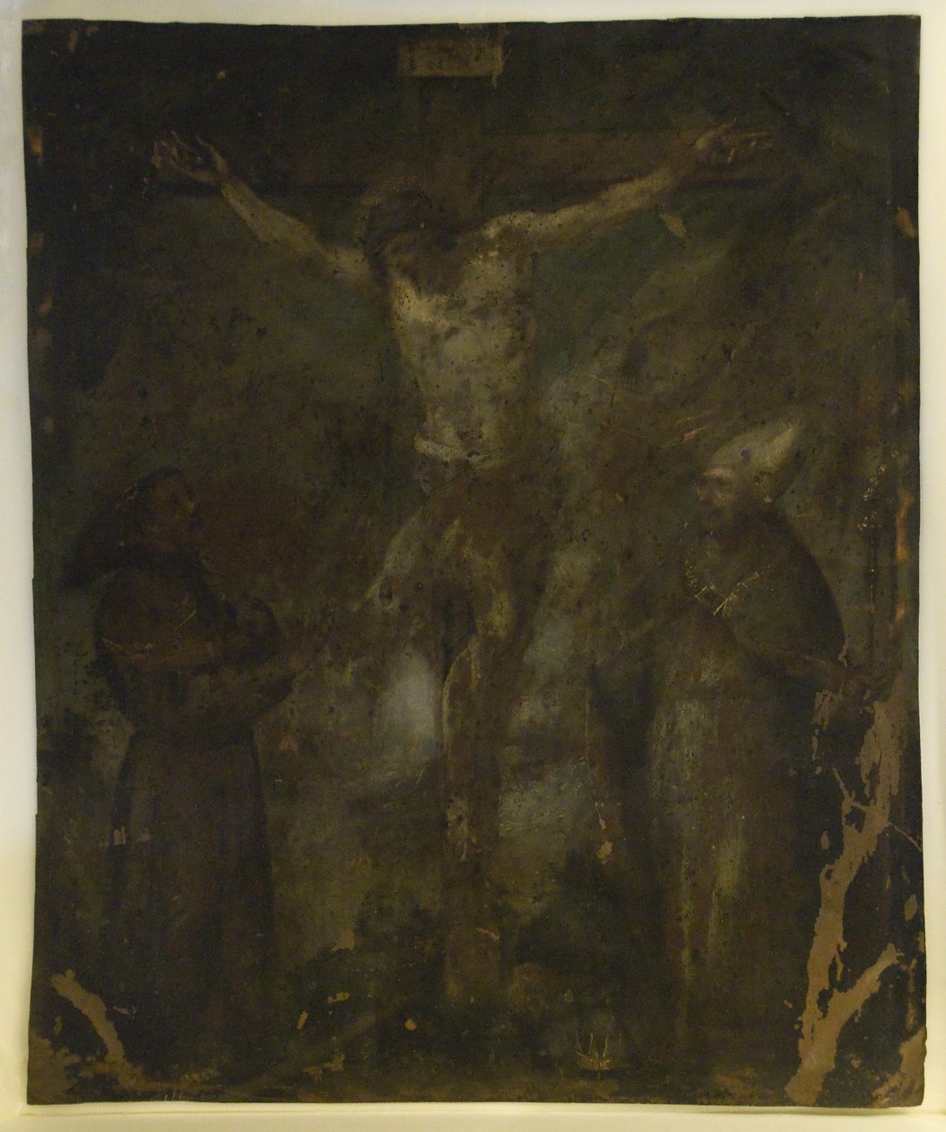 Korsfestelse (Madonna On Verso) (olje på kobber) av School Spanish