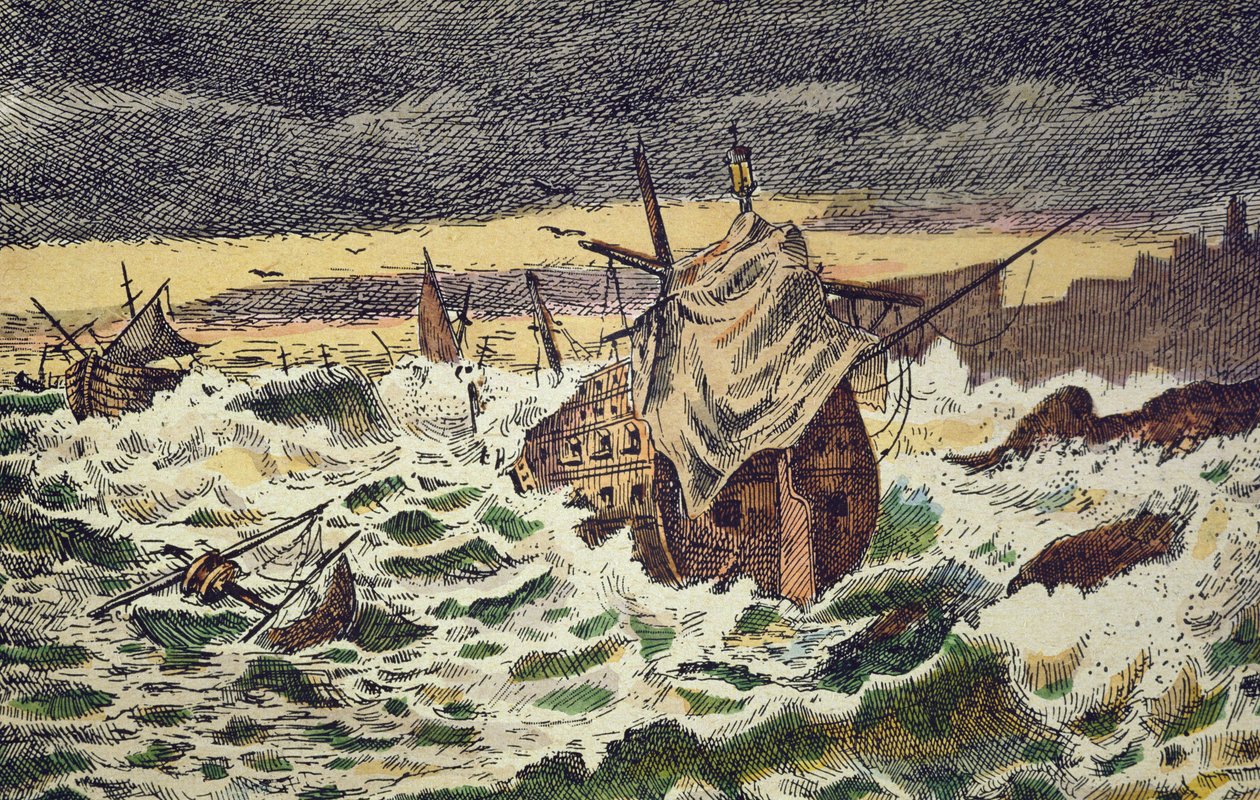 Ødeleggelse av stormer av den uovervinnelige spanske armadaen, sendt av kong Philip II mot England i 1588 (håndfarget gravering) av School Spanish