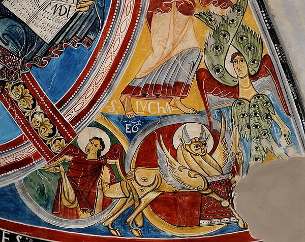 Evangelisk symbol på St. Luke, kopi av original fra 1100-tallet (fresco) av School Spanish