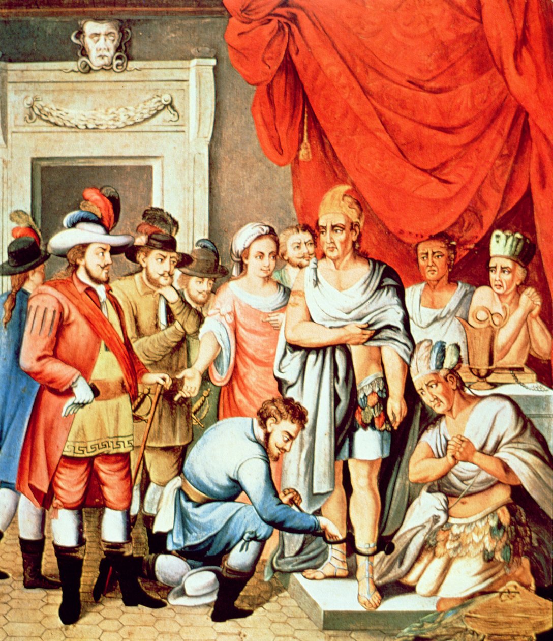 Hernan Cortes beordrer sjakler som skal settes på anklene til Montezuma (farge litho) av School Spanish