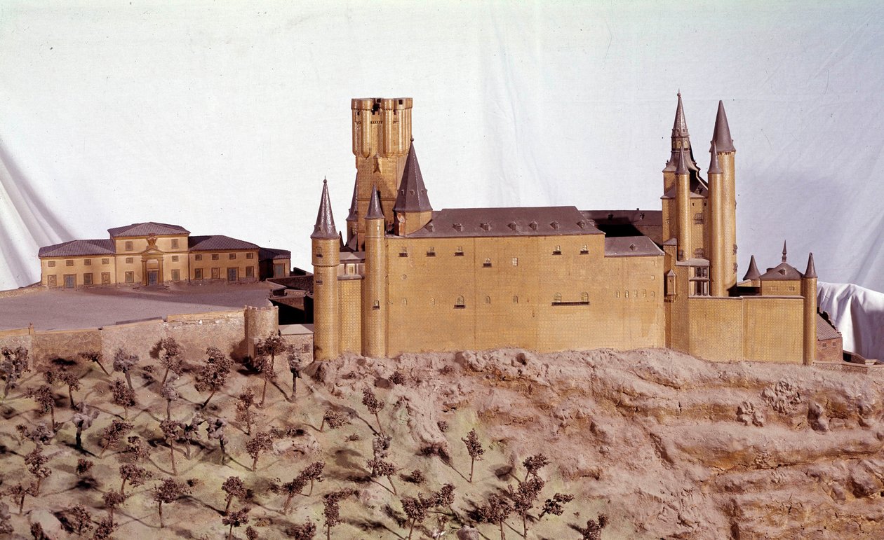 Militær arkitektur: miniatyrmodell av Royal Alcazar of Segovia bygget av kong Alfonso VI av Castilla. Madrid-museet for Armee. av School Spanish