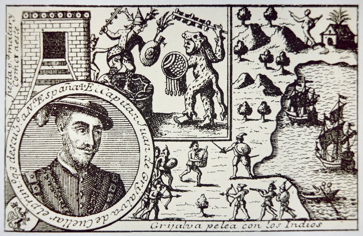 Spanjoler under Juan de Grijalva lander ved Yucatan og engasjerer Maya-krigere i slaget ved Champoton, mai 1518 (litho) av School Spanish