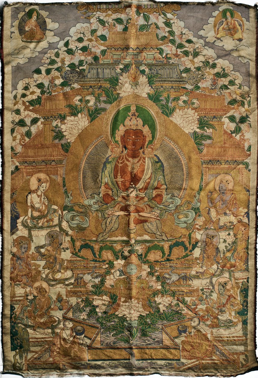 Amitabha (det rene landets buddha) - Tibetansk maleri, pigmenter og gull på stoff, slutten av 1800-tallet, 74x51 cm - (Amitayus Buddha Thangka, Tibetansk kultur, Pigmenter og gull på tekstil, Slutten av 1800-tallet) - Privat samling av School Tibetan