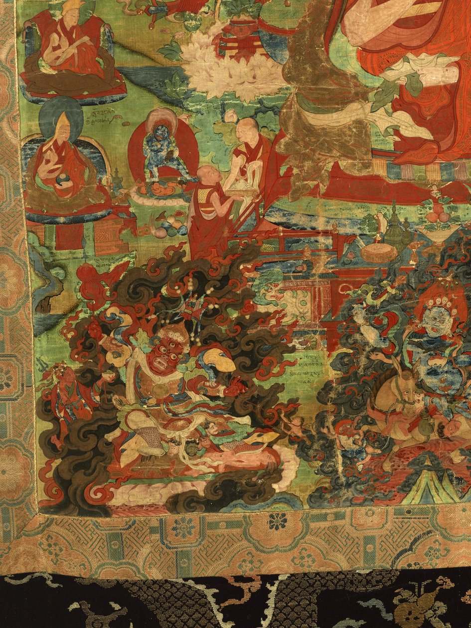 Detalj av tredje Panchen Lama Losan Penden Yeshe (gouache på tøy) av School Tibetan