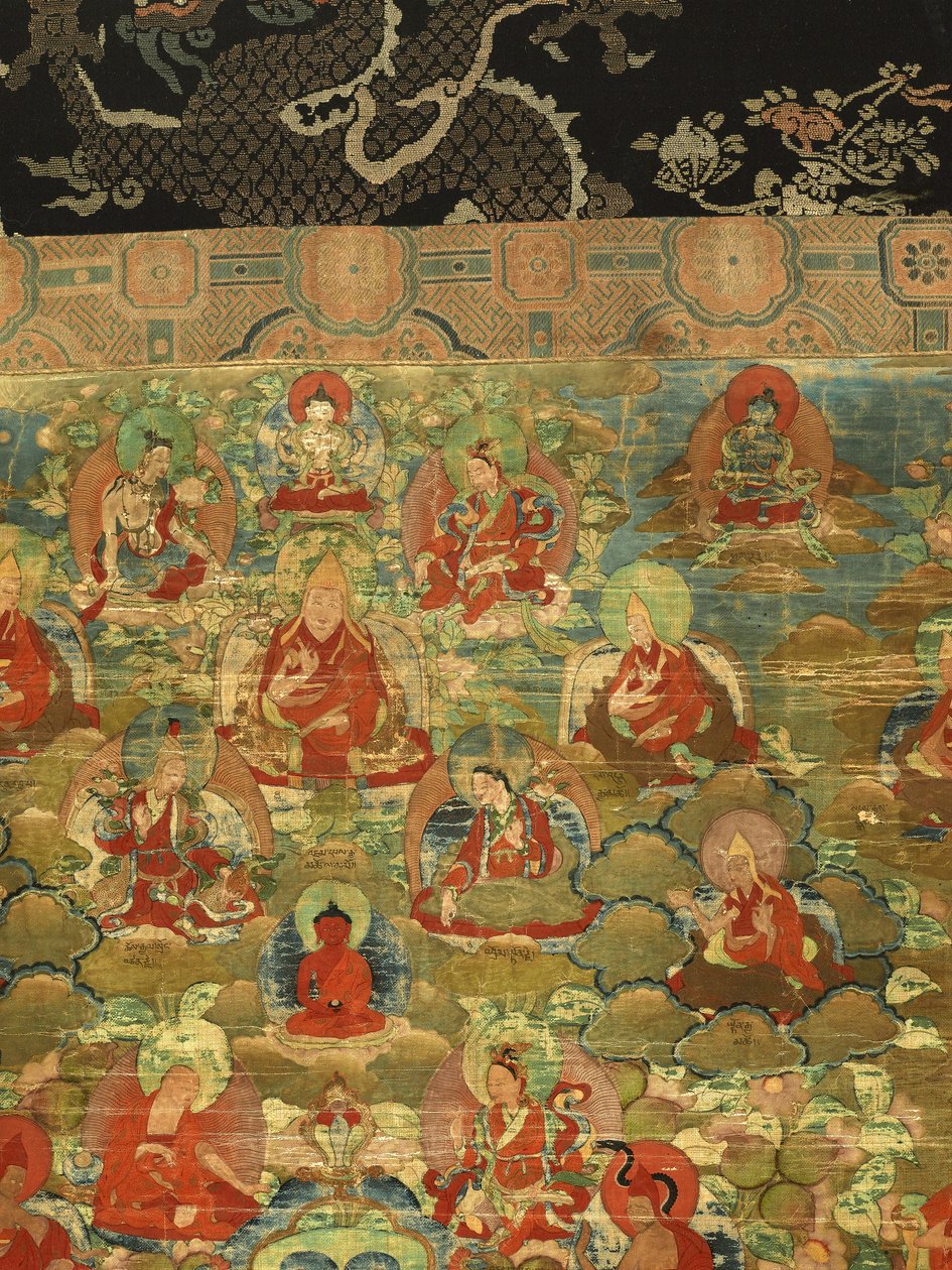 Detalj av tredje Panchen Lama Losan Penden Yeshe (gouache på tøy) av School Tibetan