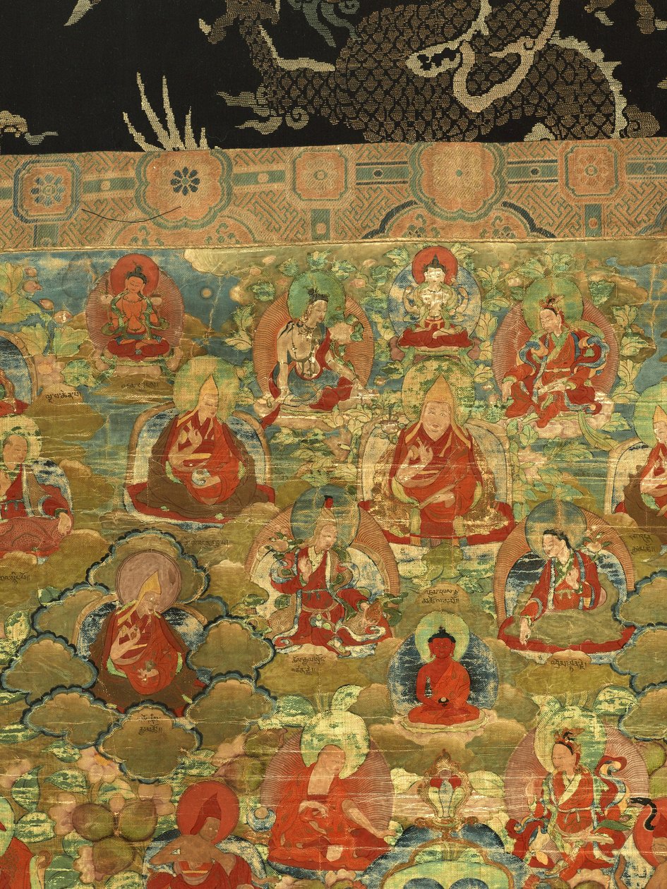Detalj av tredje Panchen Lama Losan Penden Yeshe (gouache på tøy) av School Tibetan