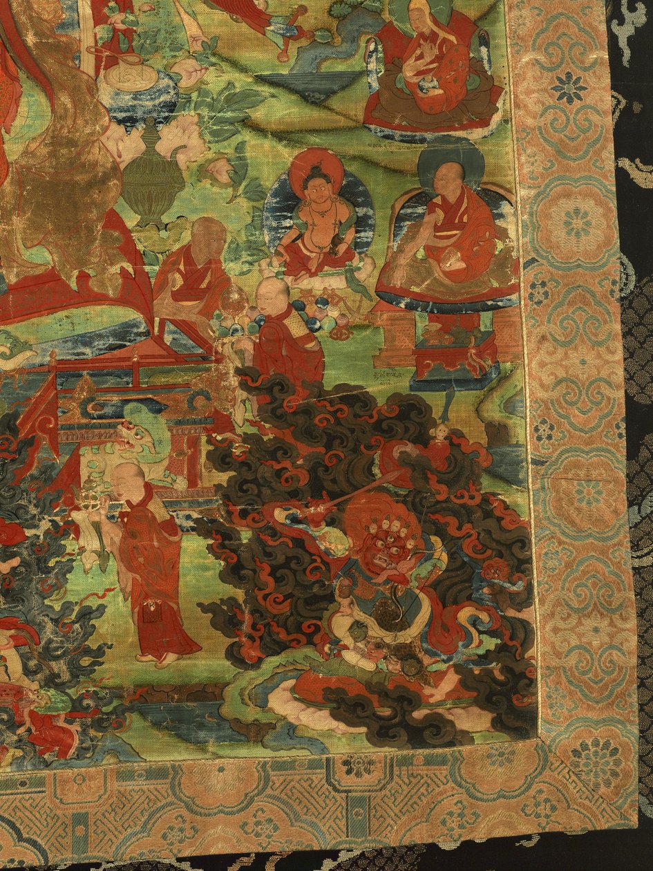 Detalj av tredje Panchen Lama Losan Penden Yeshe (gouache på tøy) av School Tibetan