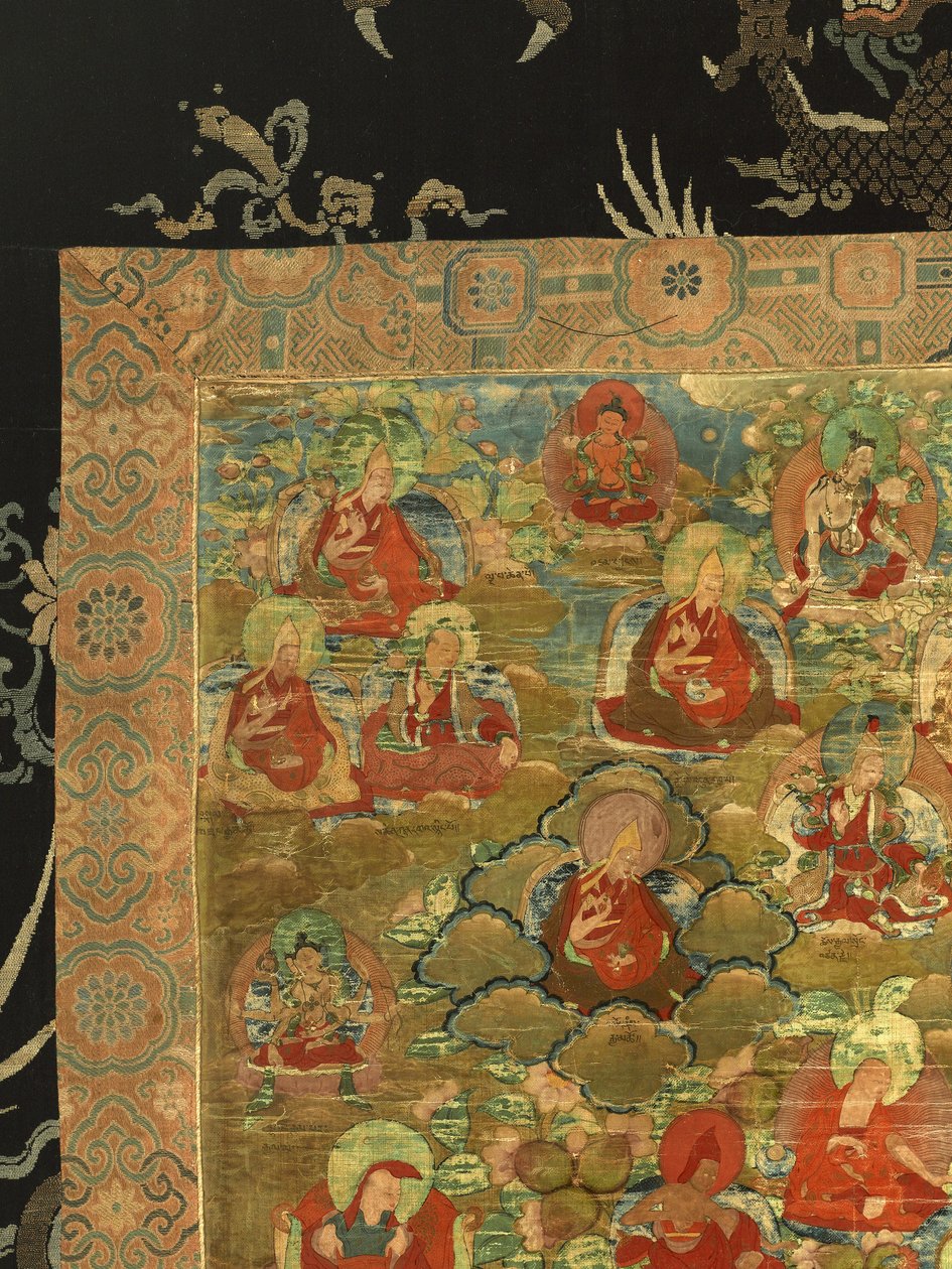 Detalj av tredje Panchen Lama Losan Penden Yeshe (gouache på tøy) av School Tibetan