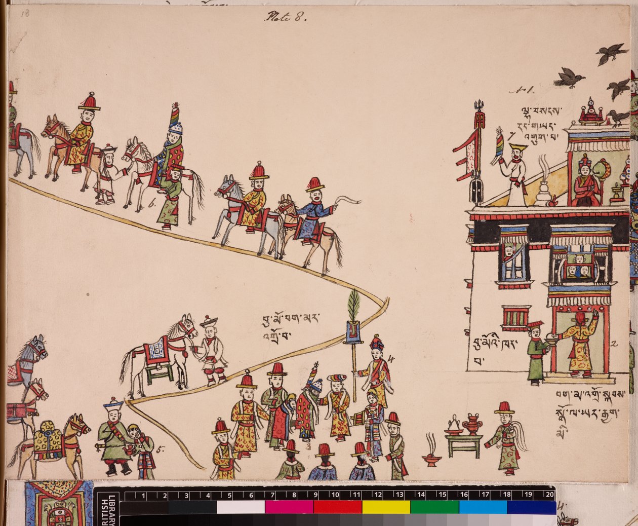 Illustrasjon av en del av en bryllupsseremoni: bruden blir hentet hjemme hos seg, ca. 1844–62 (pigmenter på papir) av School Tibetan