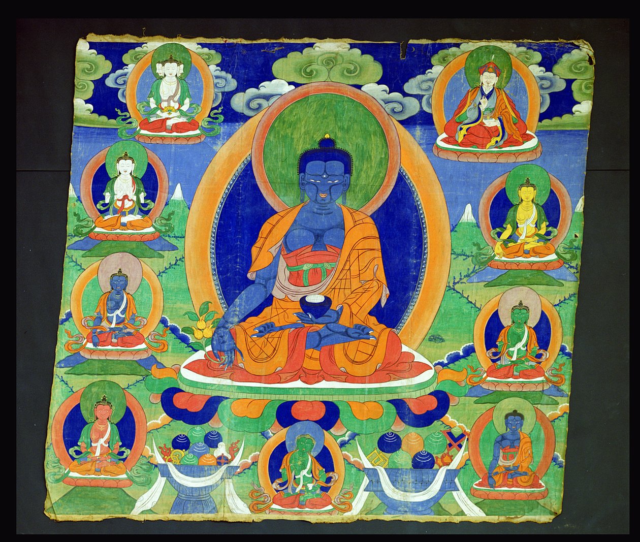 Thangka-maleri som viser Medisinens Buddha, Bhaishajyaguru (Menla) tibetansk av School Tibetan