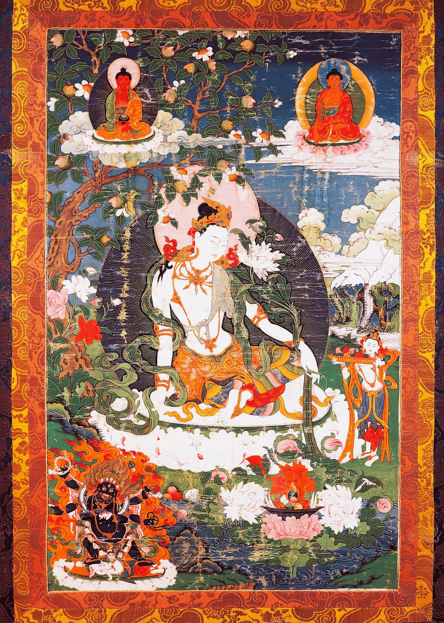 Bodhisattvaen Avalokitesvara Padmapani sitter, tanka eller thangka (buddhistisk banner), tibetansk sivilisasjon av School Tibetan