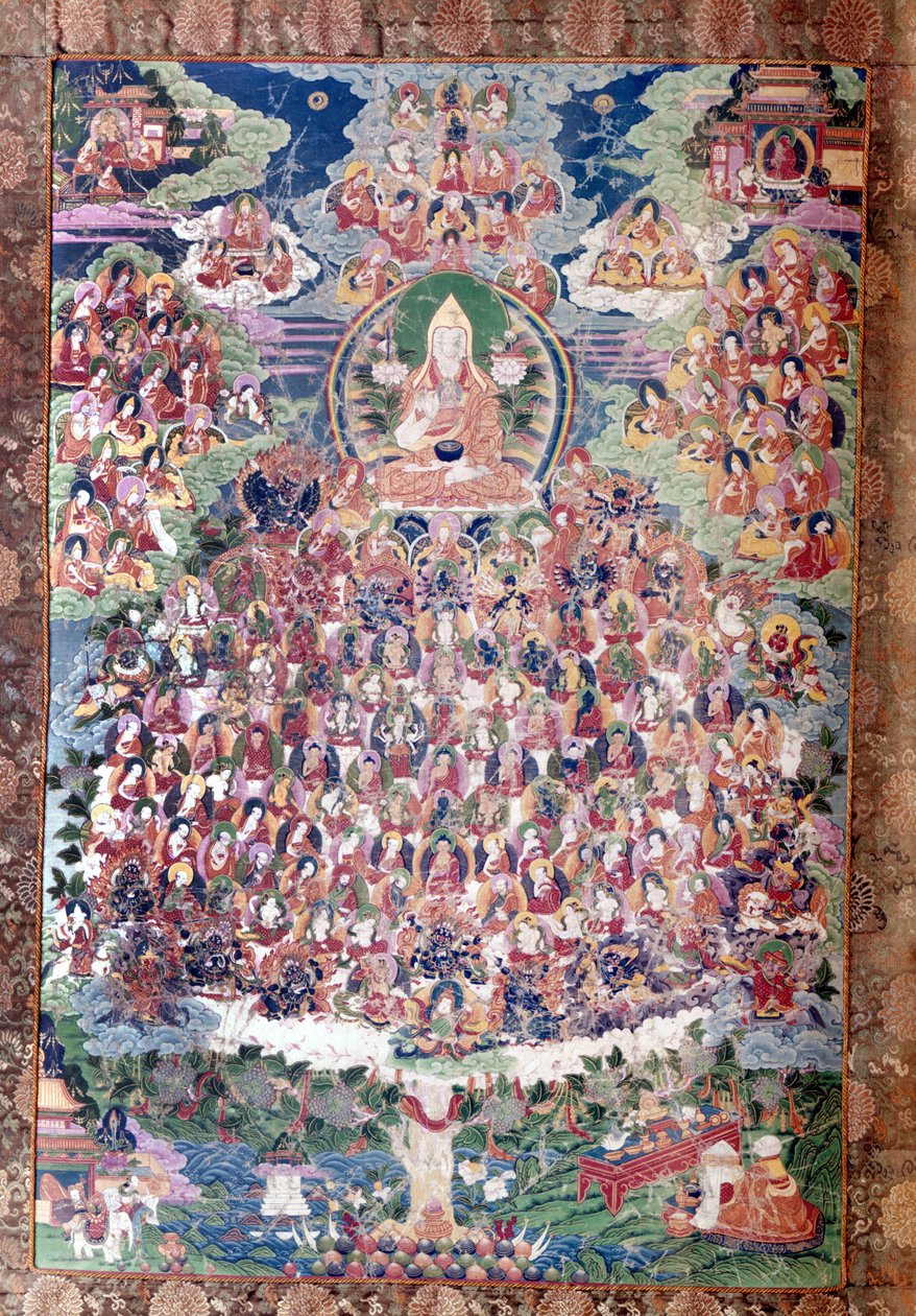 Den store reformatoren Tsong ka Pa (mannen som kom fra løkdalen). Født i provinsen Amdo i det østlige Tibet i 1358, bygde klostrene Ganden og Sera, innførte en streng liturgisk reform og pålagt overholdelse av klosterregler av School Tibetan