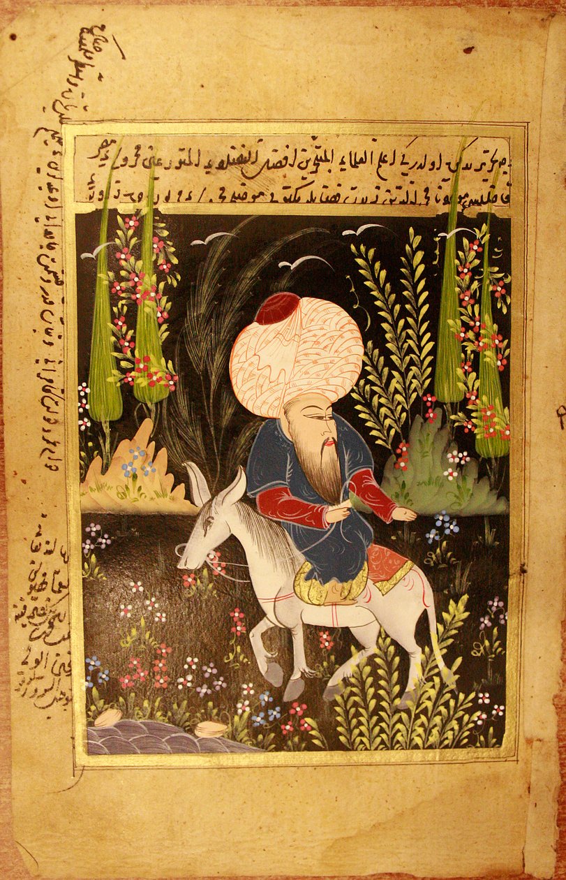 Nasr Eddin Hodja. (Nasreddin Hodja). Karakter av muslimsk litteratur, mytisk ulema fra Tyrkia, etter å ha levd mellom 1200- og 1400-tallet, beskrives han i henhold til tradisjonen, sittende opp ned på eselet sitt. Anonym miniatyr, gouache på pergament, san av School Turkish