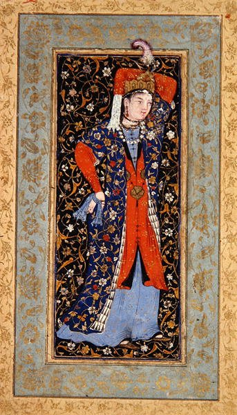 Kvinnelig danser med lommetørklær i hver hånd, ca. 1560 (gouache med blekk og gull på papir) av School Uzbek