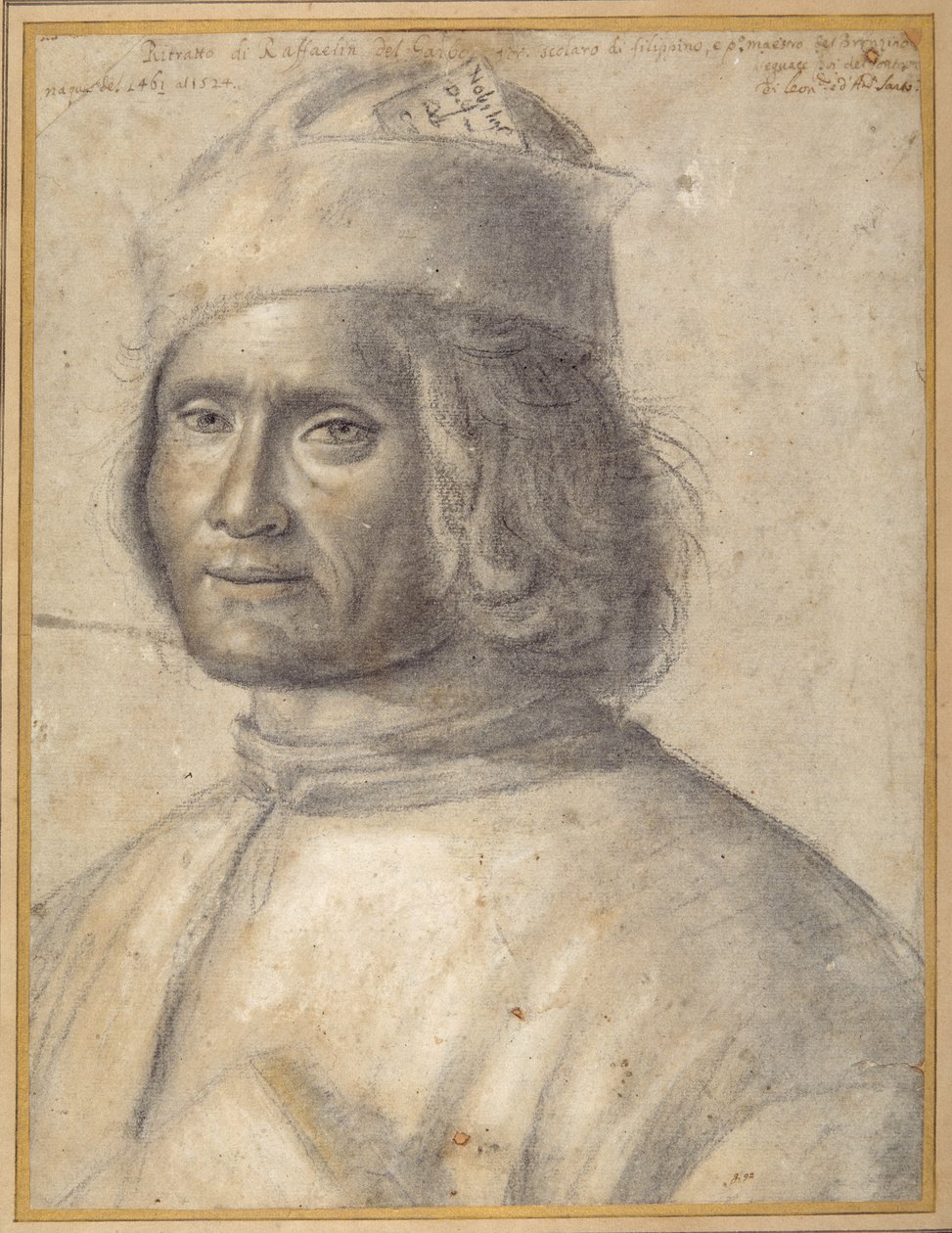 Portrett i bystelengde av en skjeggete mann med lue, med en bok mot brystet, sent på 1400- til tidlig på 1500-tallet (svart kritt med innslag av rødt på papir) av School Venetian