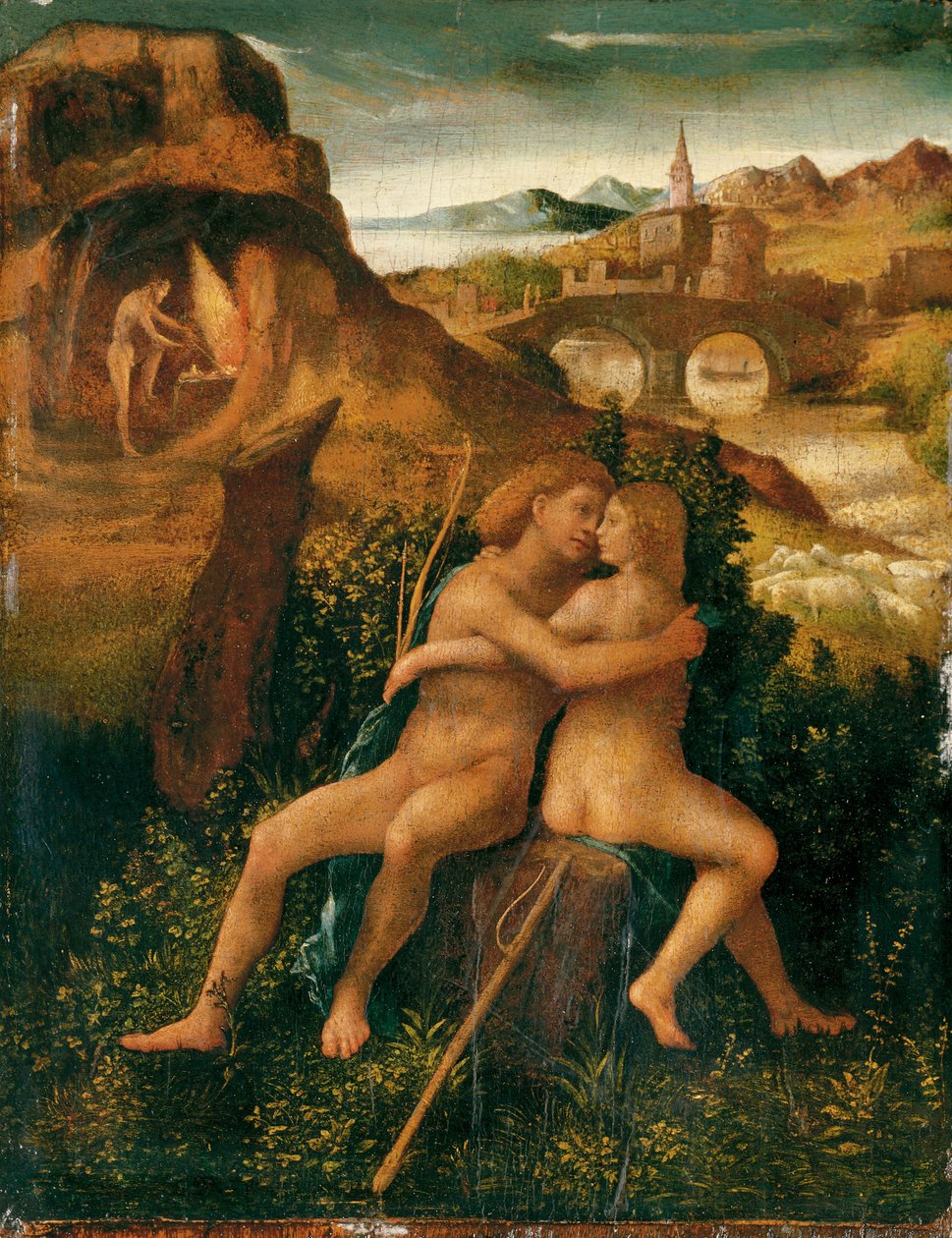 Venus og Mars i et elvelandskap med Vulcan arbeider i smia sin, ca. 1500 (olje på panel) av School Venetian