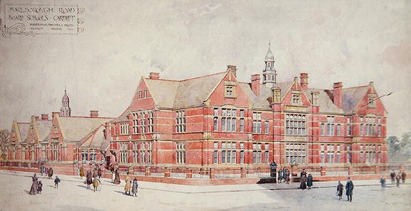 Marlborough Road Board Schools, Cardiff, tidlig på det tjuende århundre (farge litho) av School Welsh