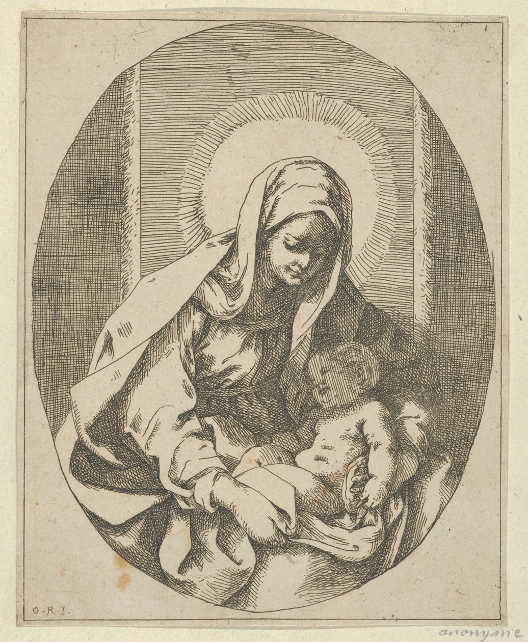 Jomfruen holder spedbarnet Kristus på fanget, en oval komposisjon, etter Reni, 1620-50., 1620-50. av School of Guido Reni