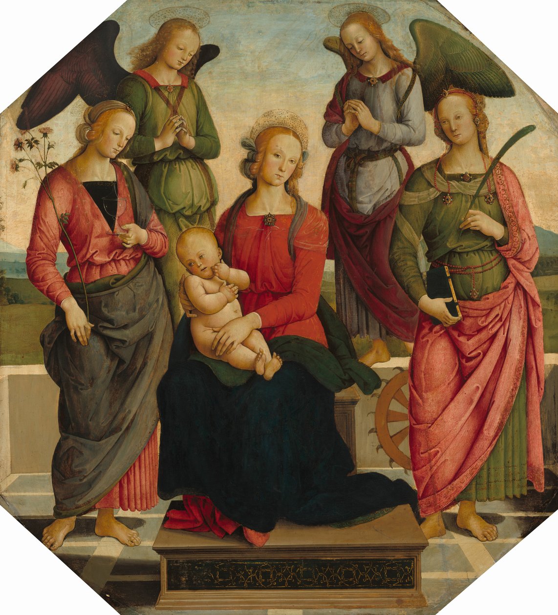 Madonna og barn med to engler, Saint Rose og Saint Catherine of Alexandria av School of Perugino