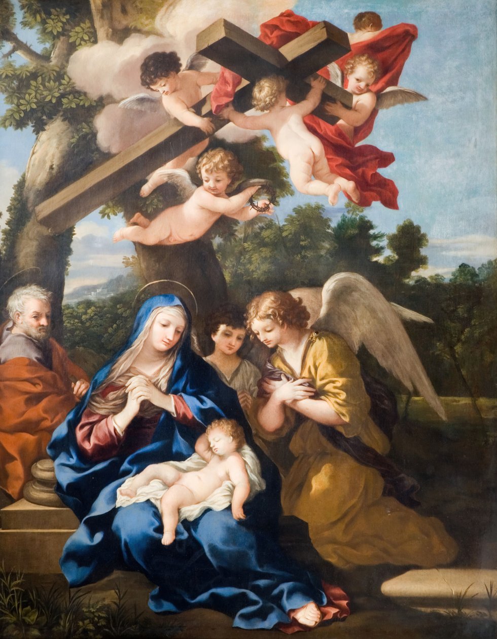 Den hellige familie med engler, 1700. av School of Pietro Cortona