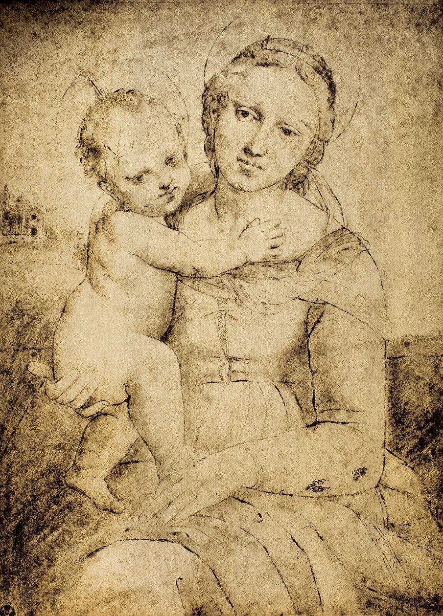 Madonna and Child, tegning fra skolen til Raphael, Cabinet of Drawings and Prints, Uffizi Gallery, Firenze av School of Raphael
