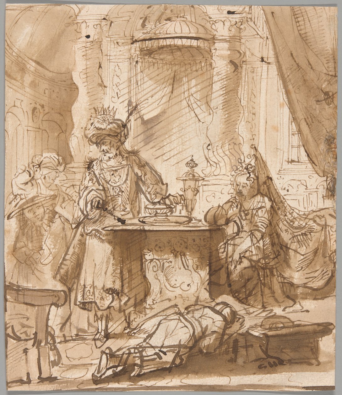 Fornedrelsen av Haman før Ahasverus og Ester av School of Rembrandt van Rijn
