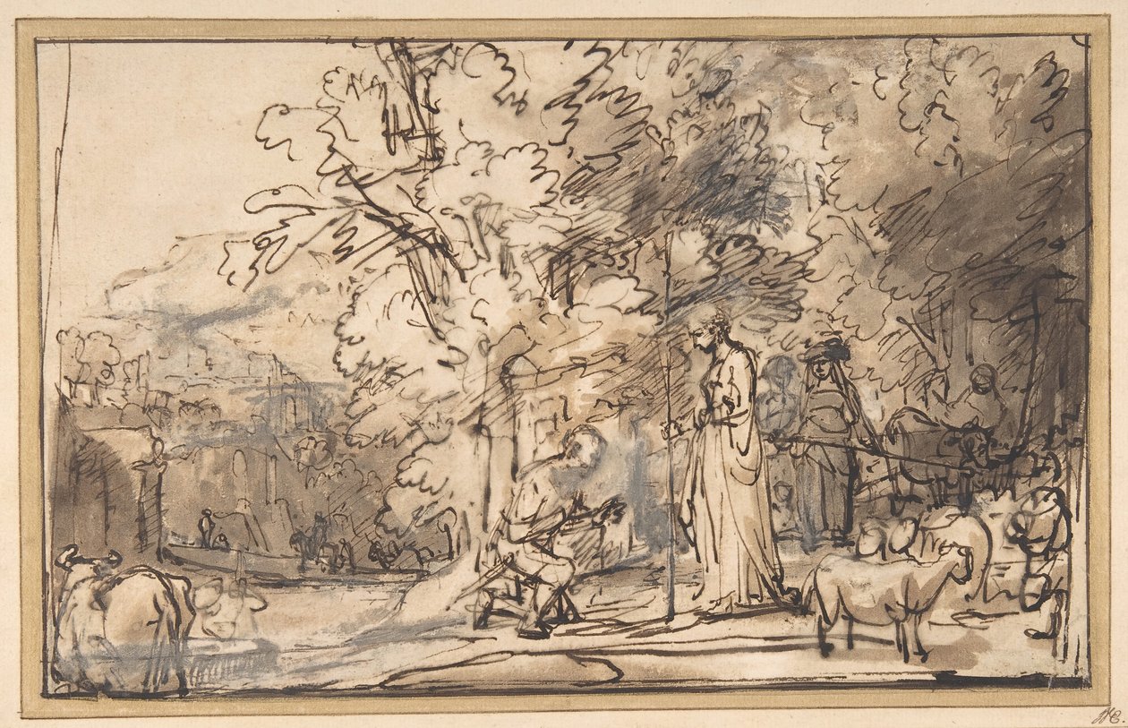 Møtet mellom Jakob og Rachel ved brønnen, 1640-49. av School of Rembrandt van Rijn