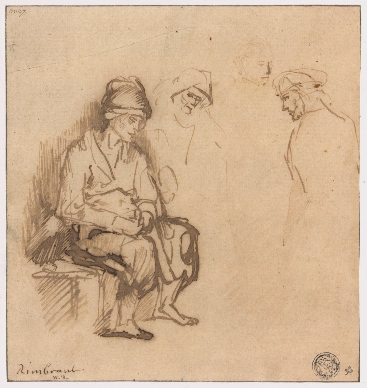 Kvinne sitter på benk og tre skisser av hoder av School of Rembrandt van Rijn