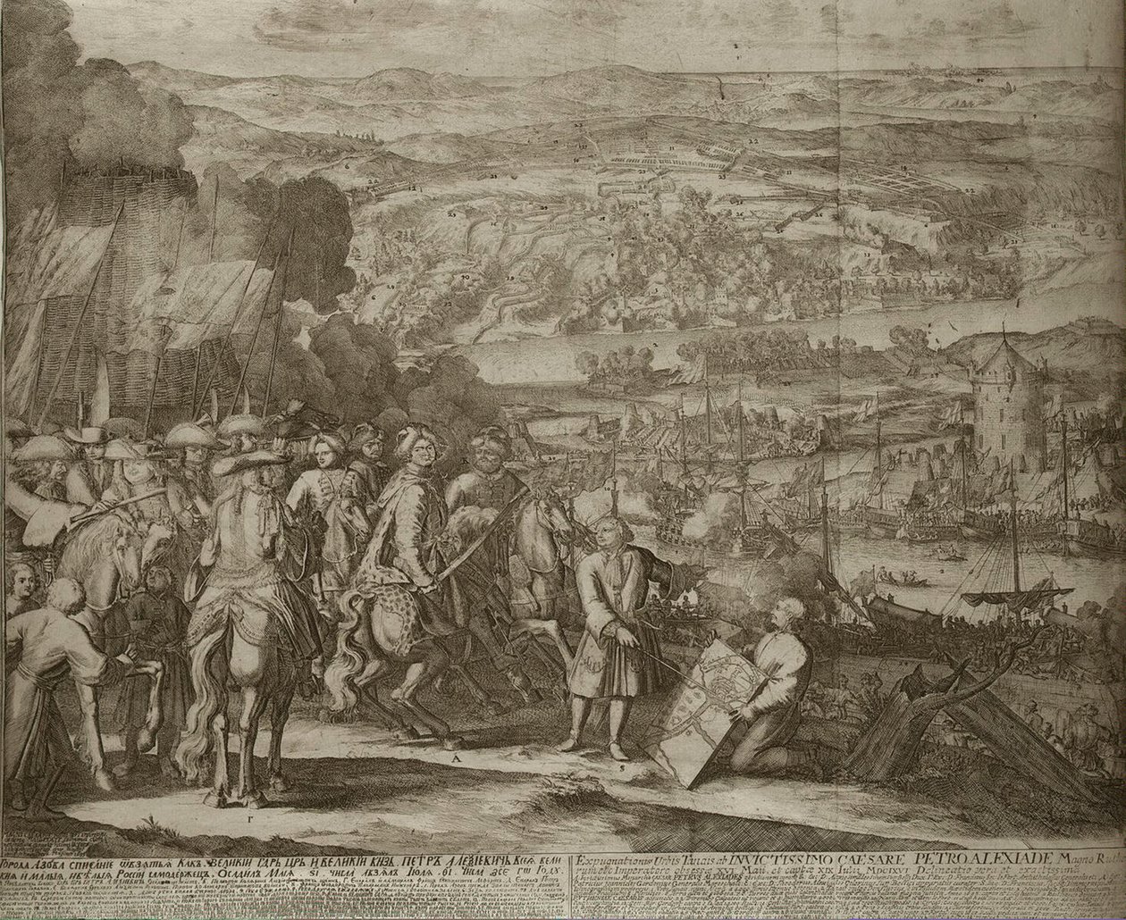 Beleiring av den tyrkiske festningen Azov av russiske styrker i 1696, um 1700 av Schoonebeek