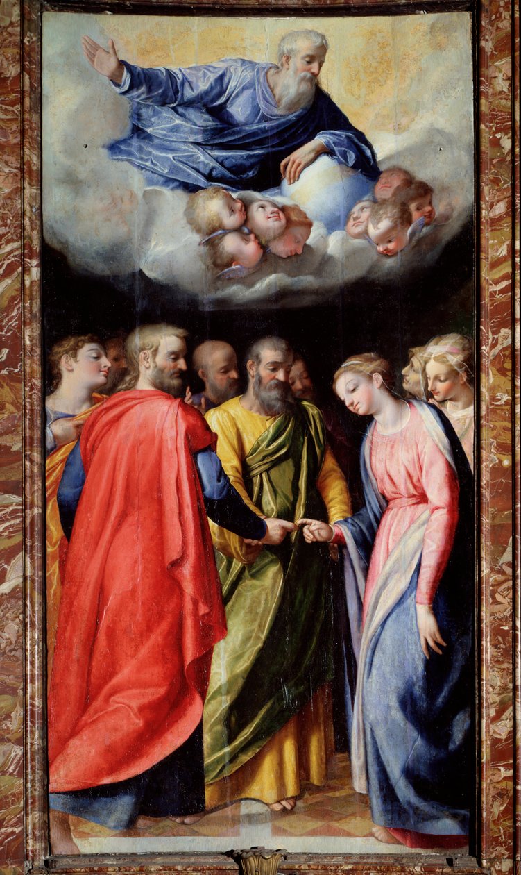 The Marriage of the Virgin Maleri av Scipione Pulzone il Gaetano (1550-1598) og Giuseppe Valeriano (1542-1606) 1584-1588 Roma, kirken Gesu, kapellet til Madonna della Strada av Scipione Pulzone