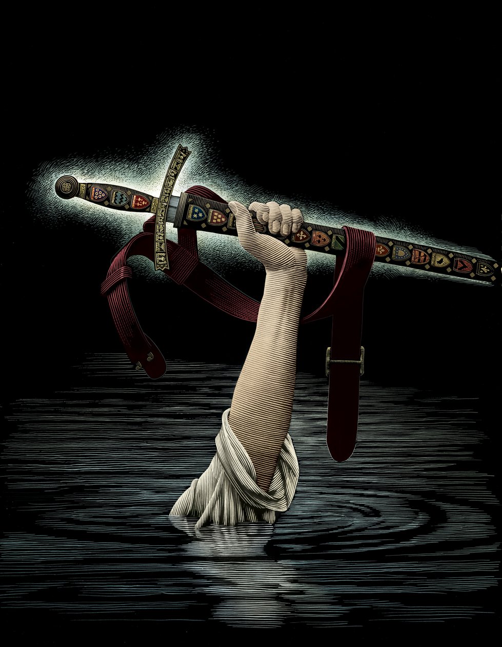 Excalibur, 2005 (skrapebrett, digitalt fargelagt) av Scott McKowen