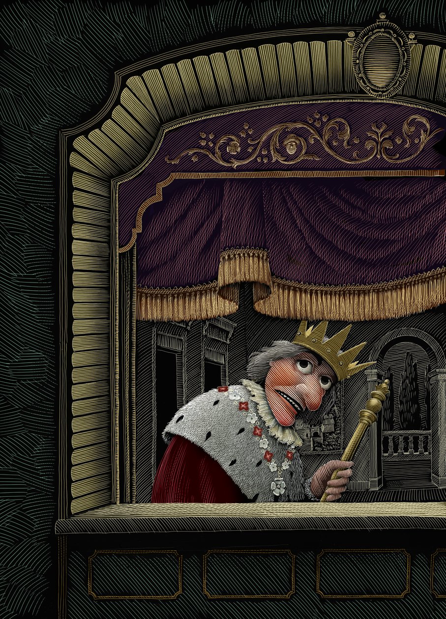 Exit the King, 2016 (skrapebrett, digitalt fargelagt) av Scott McKowen