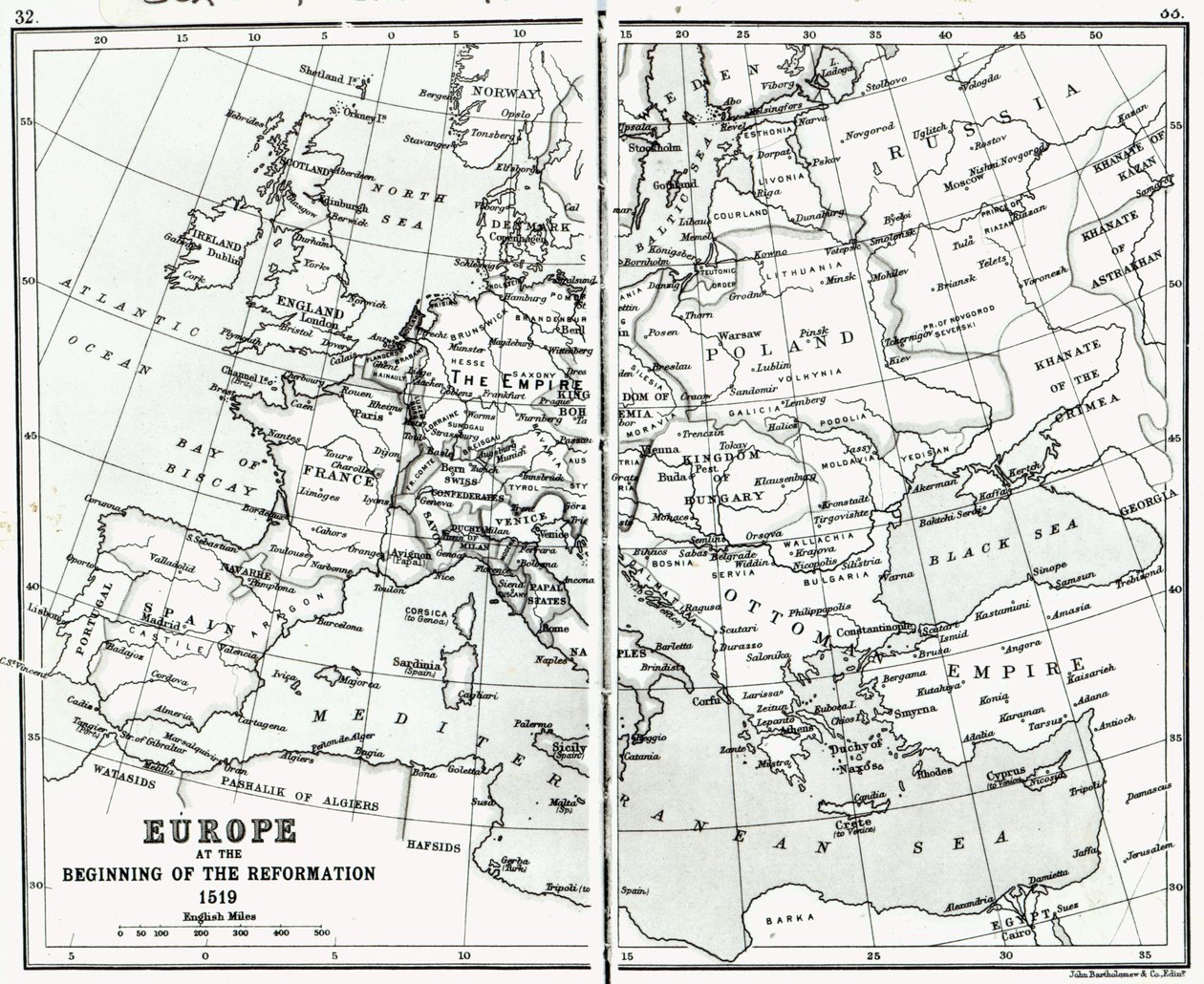 Europa i 1519, ved starten av reformasjonen, pub. av John Bartholomew and Co., Edinburgh av Scottish School