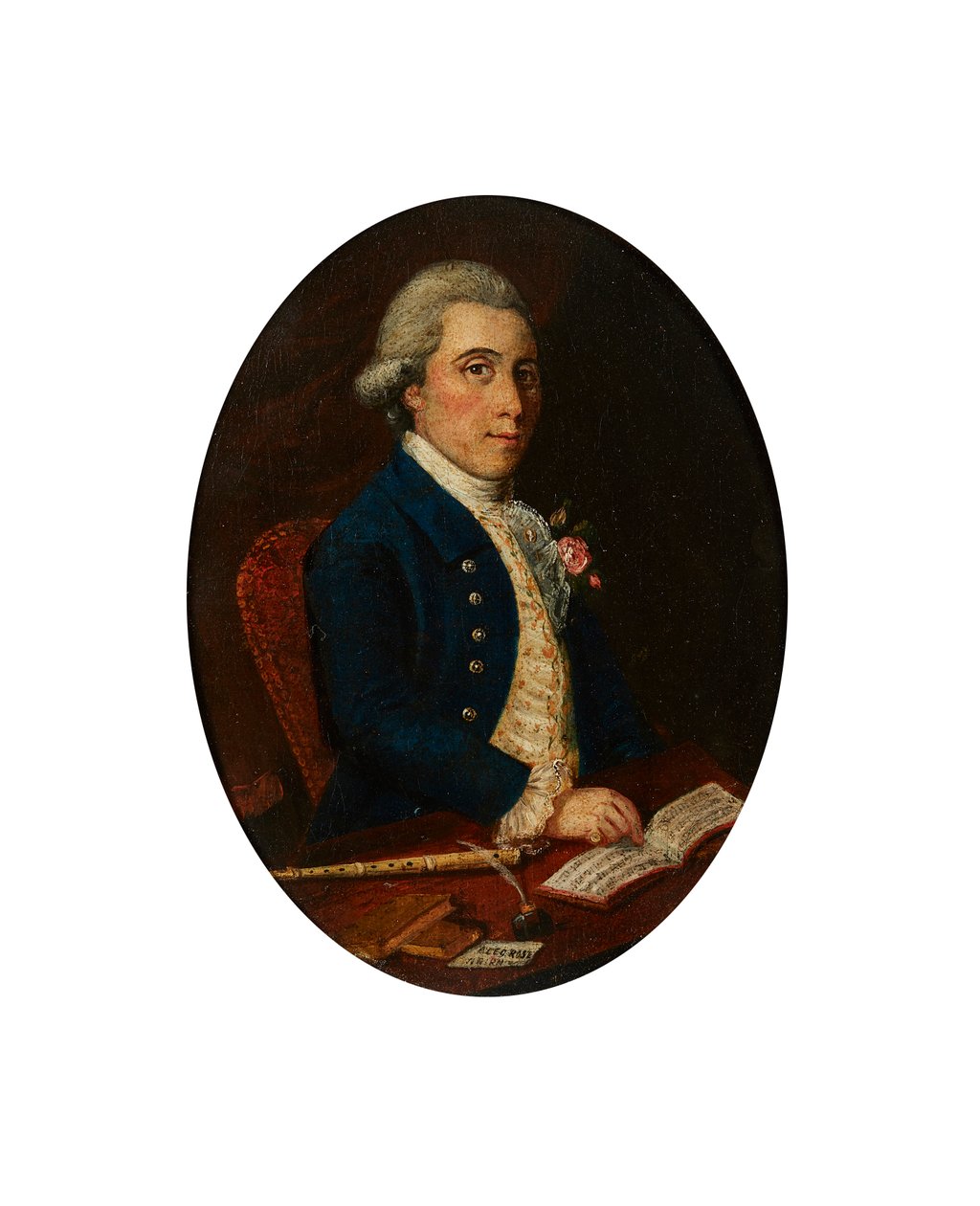 Alex Rose fra Nairn, With His Flute and Book of Music (olje på lerret) av Scottish School