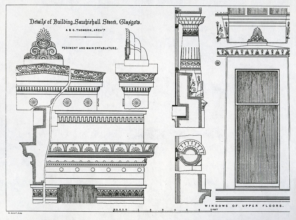 Arkitektoniske detaljer om Grecian Chambers, 336-356 Sauchiehall Street, Glasgow, designet av Alexander Greek Thomson, 1869 av Scottish School