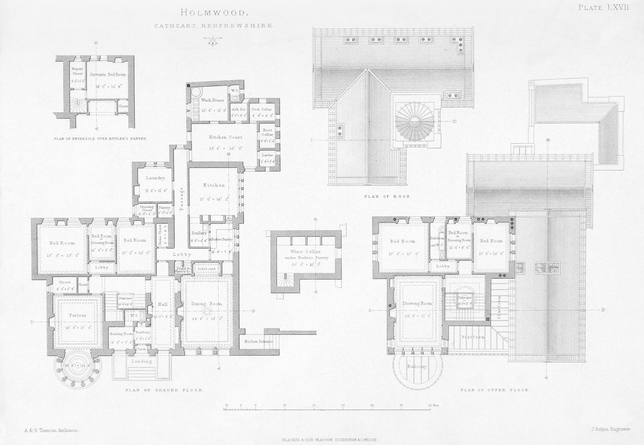 Utvendig og innvendig visning av Holmwood, Glasgow (gravering) av Scottish School
