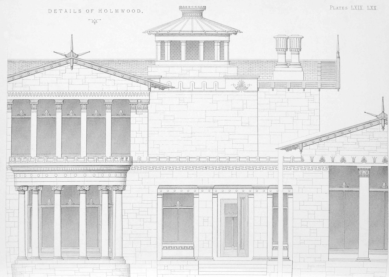 Utvendig detaljvisning av Holmwood, Glasgow (gravering) av Scottish School