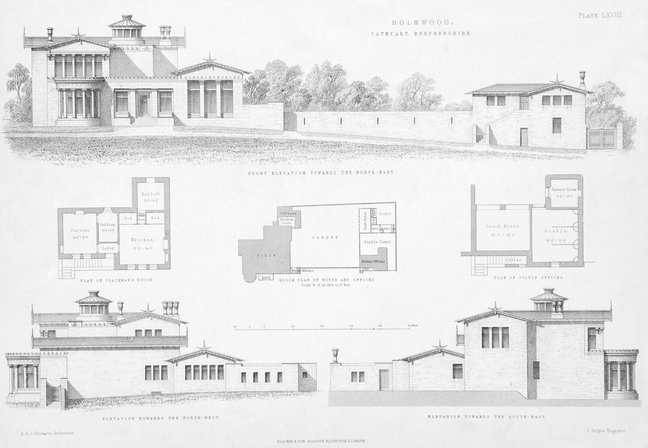 Eksteriørdetaljer av Holmwood, Glasgow (gravering) av Scottish School