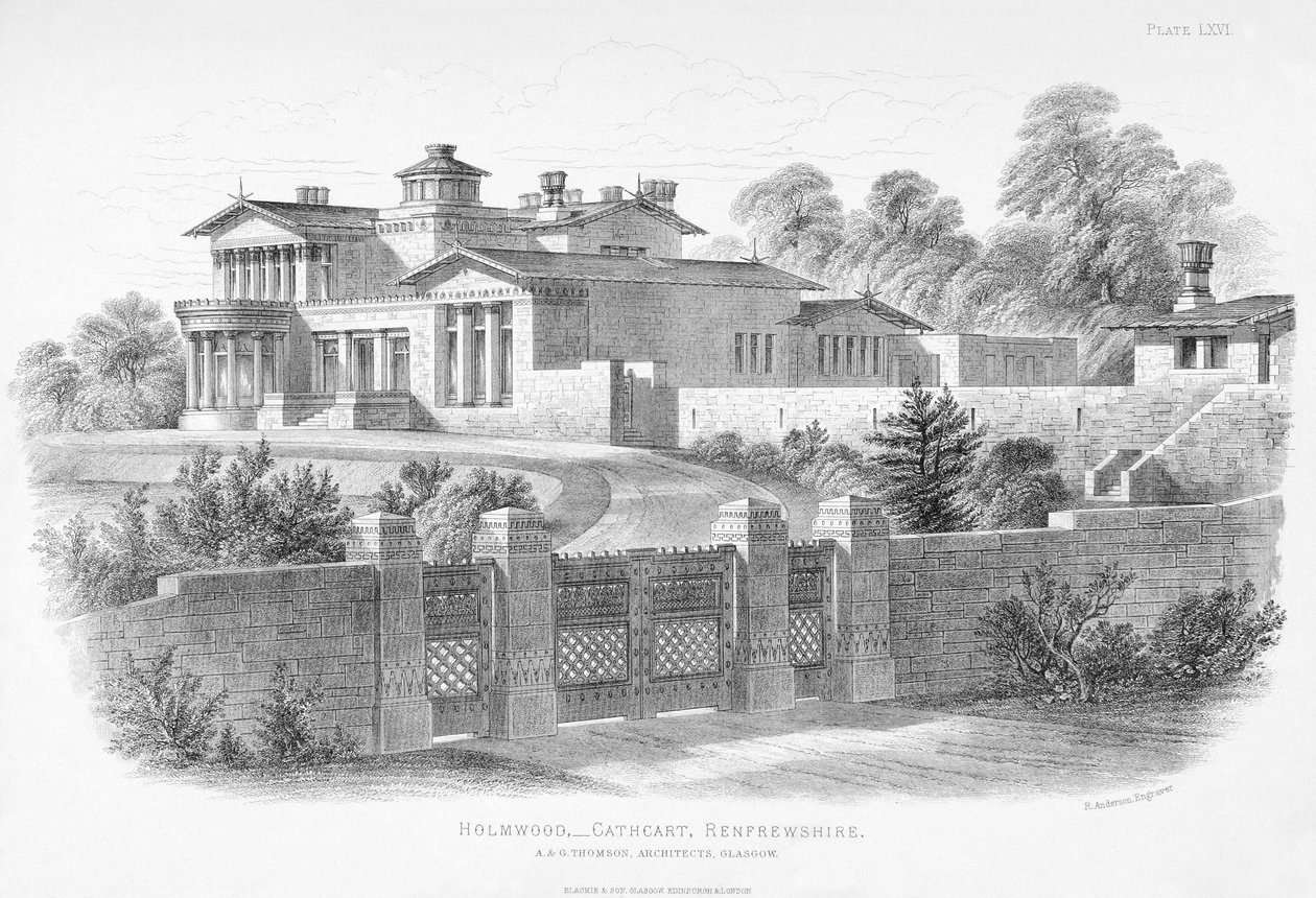 Utvendig utsikt over Holmwood, Glasgow (gravering) av Scottish School
