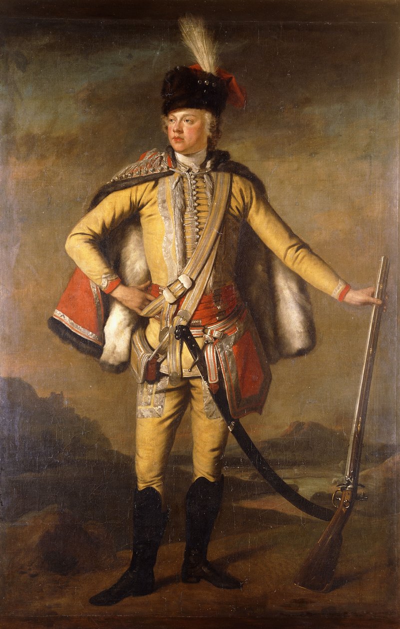 Portrett av John Lindsay, 20. jarl av Crawford og Lindsay, i full lengde, i Hussar Uniform, med en Flintlock-muskett, et landskap utenfor, ca. 1745 av Scottish School