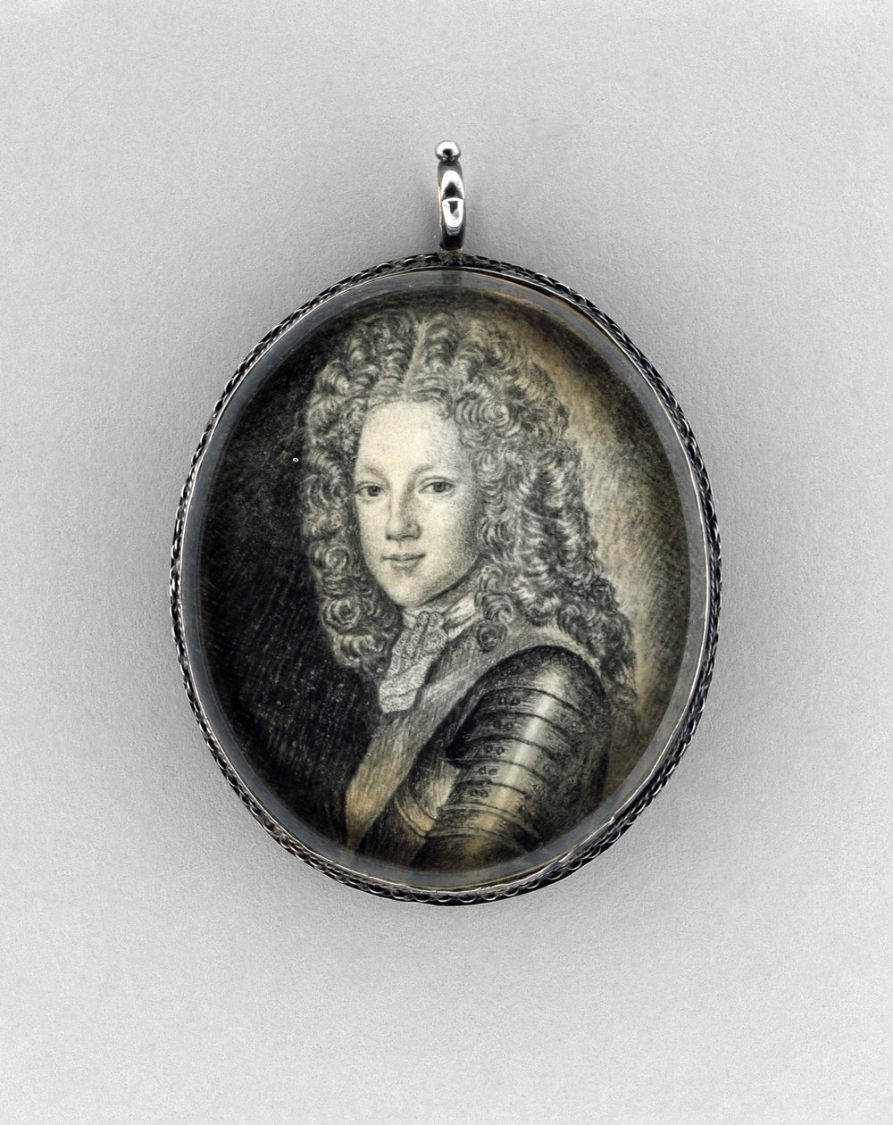Prins James Francis Edward Stuart (The Old Pretender), ca. 1703 (india blekk på vellum, grafitt, bergkrystall og sølv) av Scottish School